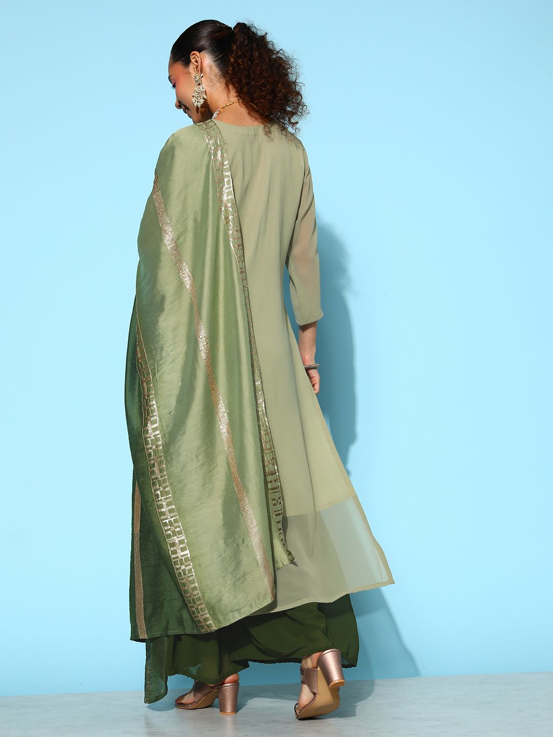 Indyancart VA Women's Green Embroidered Sequinned Kurta With Sharara & Dupatta