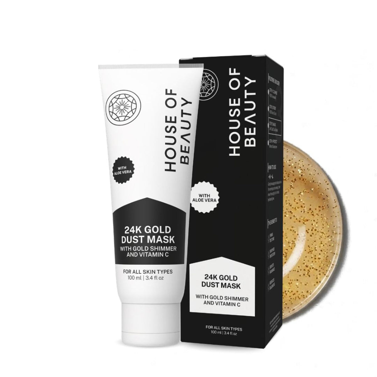 House Of Beauty 24K Gold Dust Face Mask in a jar, showcasing the luxurious gold-infused skincare product with a smooth, creamy texture.
