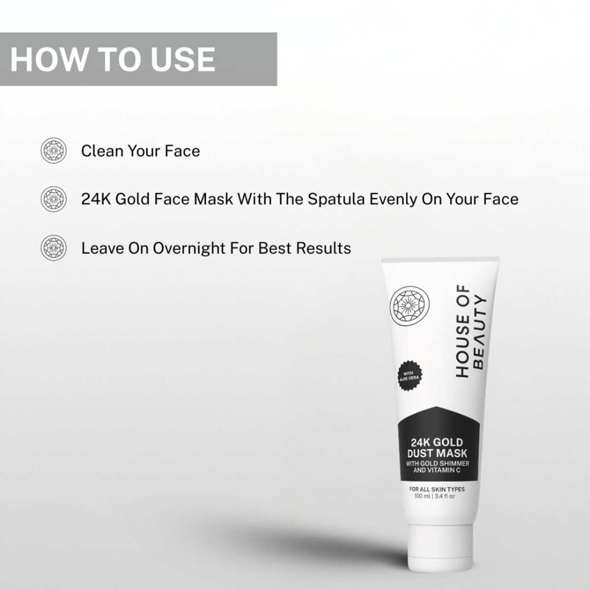 House Of Beauty 24K Gold Dust Face Mask applied on a woman's face, showcasing luxurious skincare with gold accents.