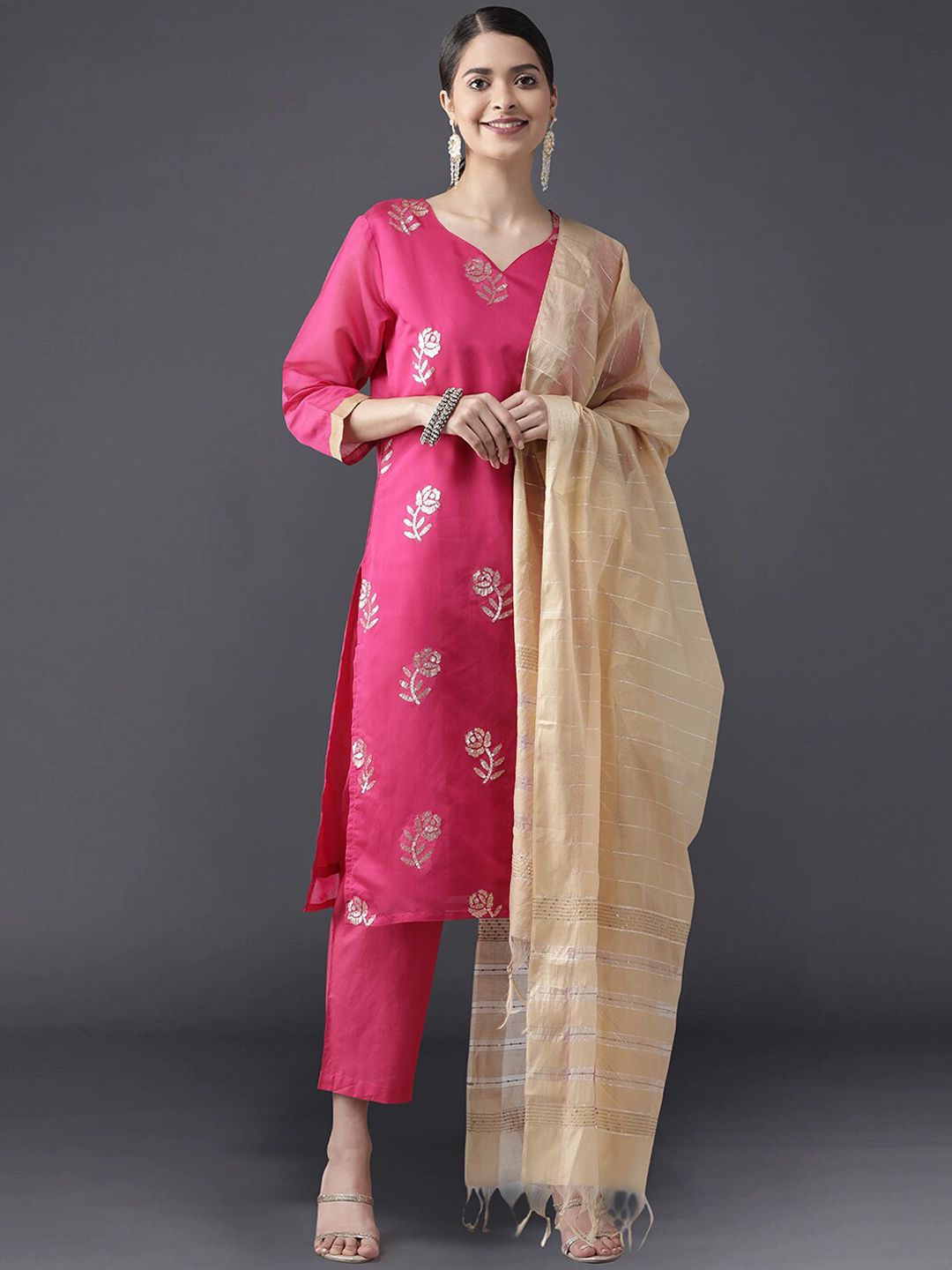 Dhiyona IE Women Pink & Gold-Toned Chanderi Cotton Kurta with Trousers & With Dupatta