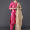 Dhiyona IE Women Pink & Gold-Toned Chanderi Cotton Kurta with Trousers & With Dupatta