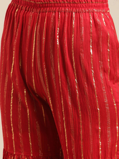 Indyancart VA Women's Red Embroidered Gotta Patti Kurta with Sharara & With Dupatta