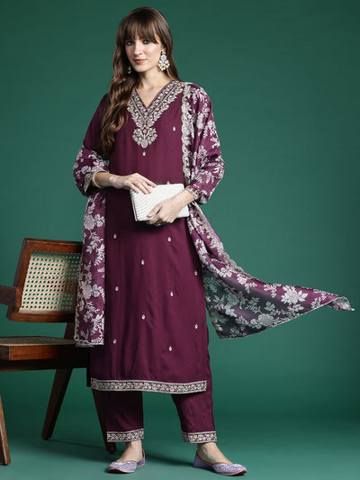 Indyancart IE Floral Embroidered Kurta With Trousers & Dupatta