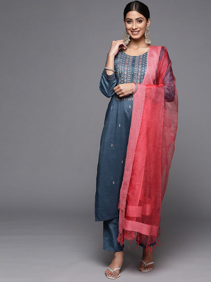 Indyancart VA Women's Blue Ethnic Motifs Embroidered Thread Work Kurta with Trousers & With Dupatta