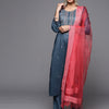 Indyancart VA Women's Blue Ethnic Motifs Embroidered Thread Work Kurta with Trousers & With Dupatta