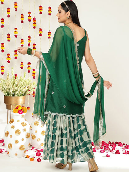 Indyancart VA Women'sEthnic Motifs Embroidered Sleeveless Kurta & Sharara With Dupatta
