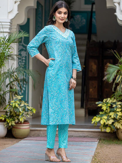 Indyancart VA Women'sPaisley Printed Regular Mirror Work Kurta with Trouser & Dupatta