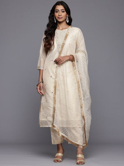Indyancart VA Women'sEthnic Motifs Embroidered Sequinned Brocade Kurta With Trousers & Dupatta