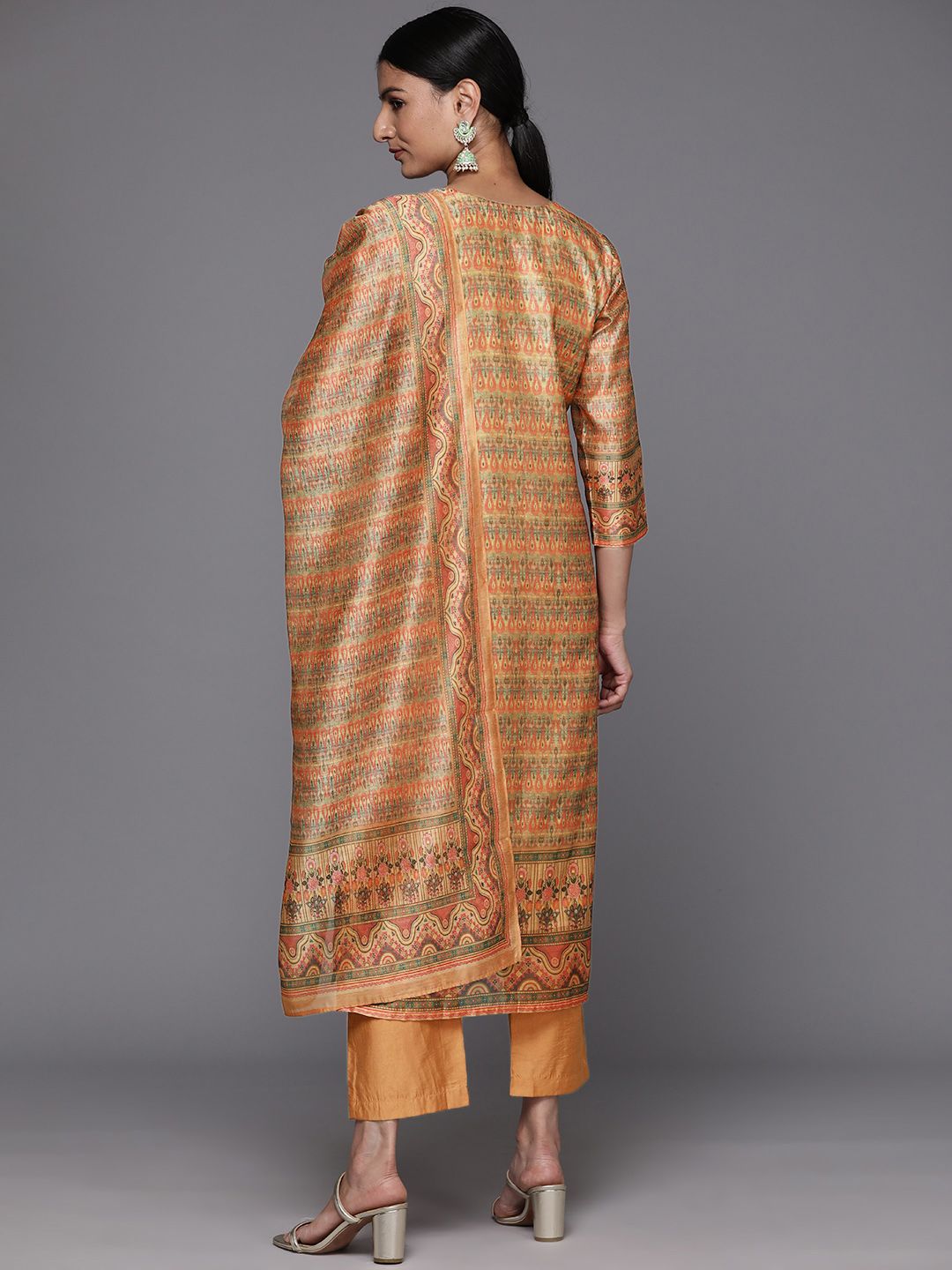 Dhiyona VA Women's Coral Printed Regular Chanderi Silk Kurta with Trousers & With Dupatta