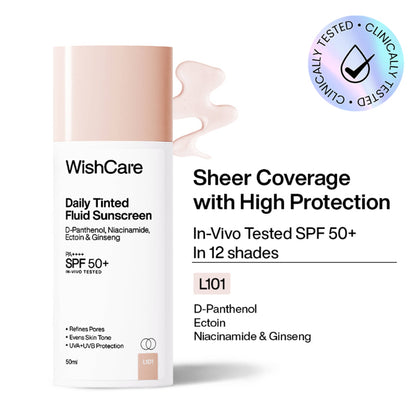 WishCare Daily Fluid Tinted Sunscreen SPF50PA++++ Broad Spectrum Protection for All Skin Types - L101