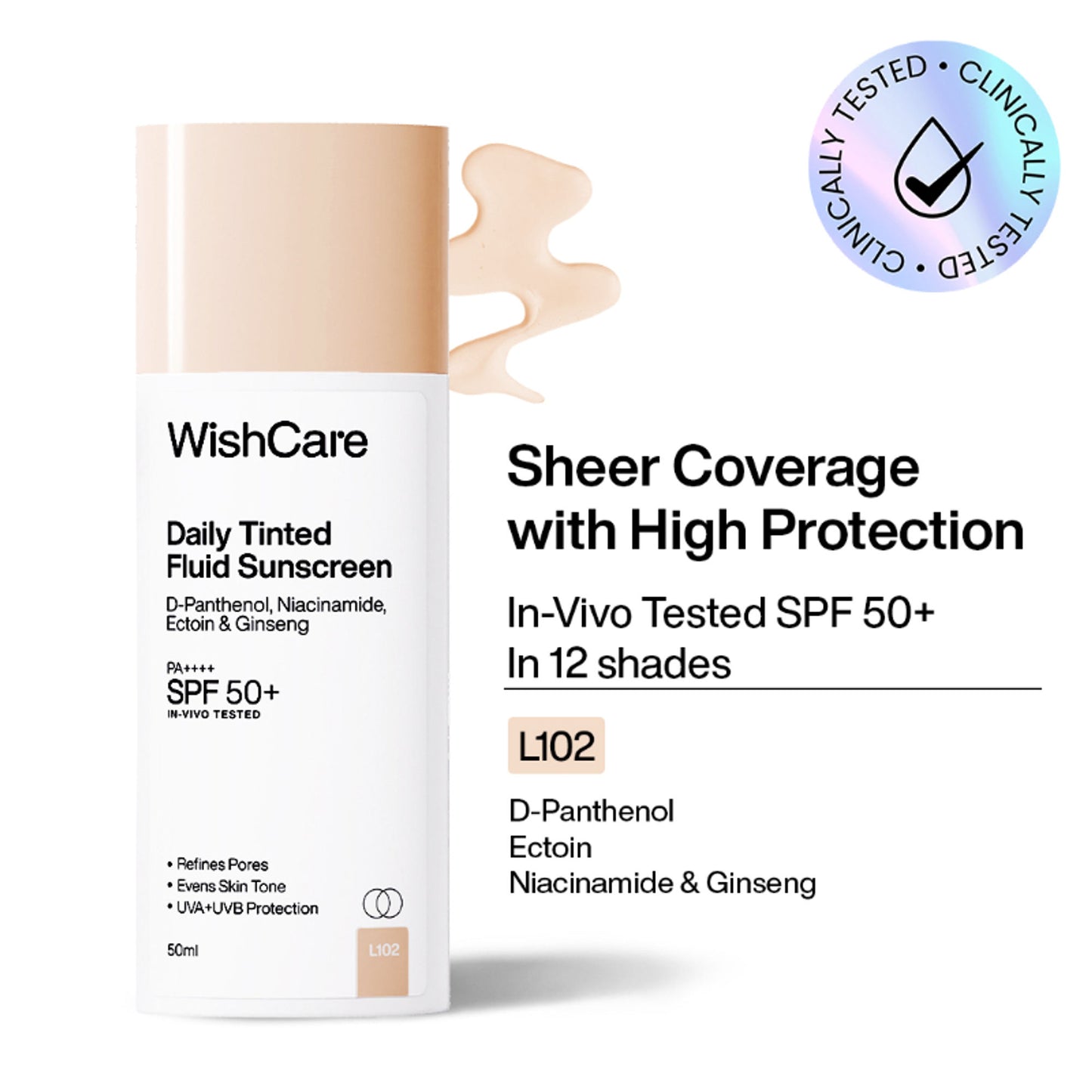 WishCare Daily Fluid Tinted Sunscreen SPF50PA++++ Broad Spectrum Protection for All Skin Types- L101 - L102