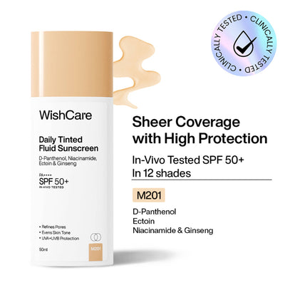 WishCare Daily Fluid Tinted Sunscreen SPF50PA++++ Broad Spectrum Protection for All Skin Types - M201