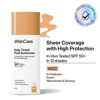 WishCare Daily Fluid Tinted Sunscreen SPF50PA++++ Broad Spectrum Protection for All Skin Types - M202
