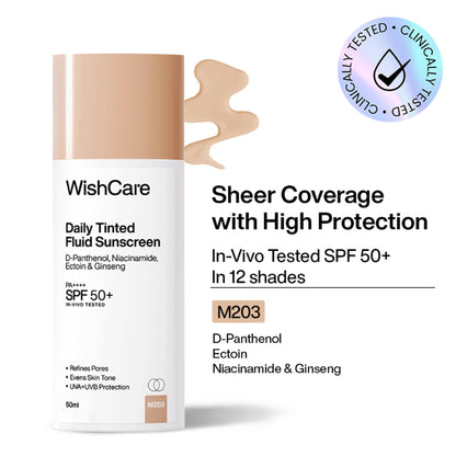 WishCare Daily Fluid Tinted Sunscreen SPF50PA++++ Broad Spectrum Protection for All Skin Types - M203