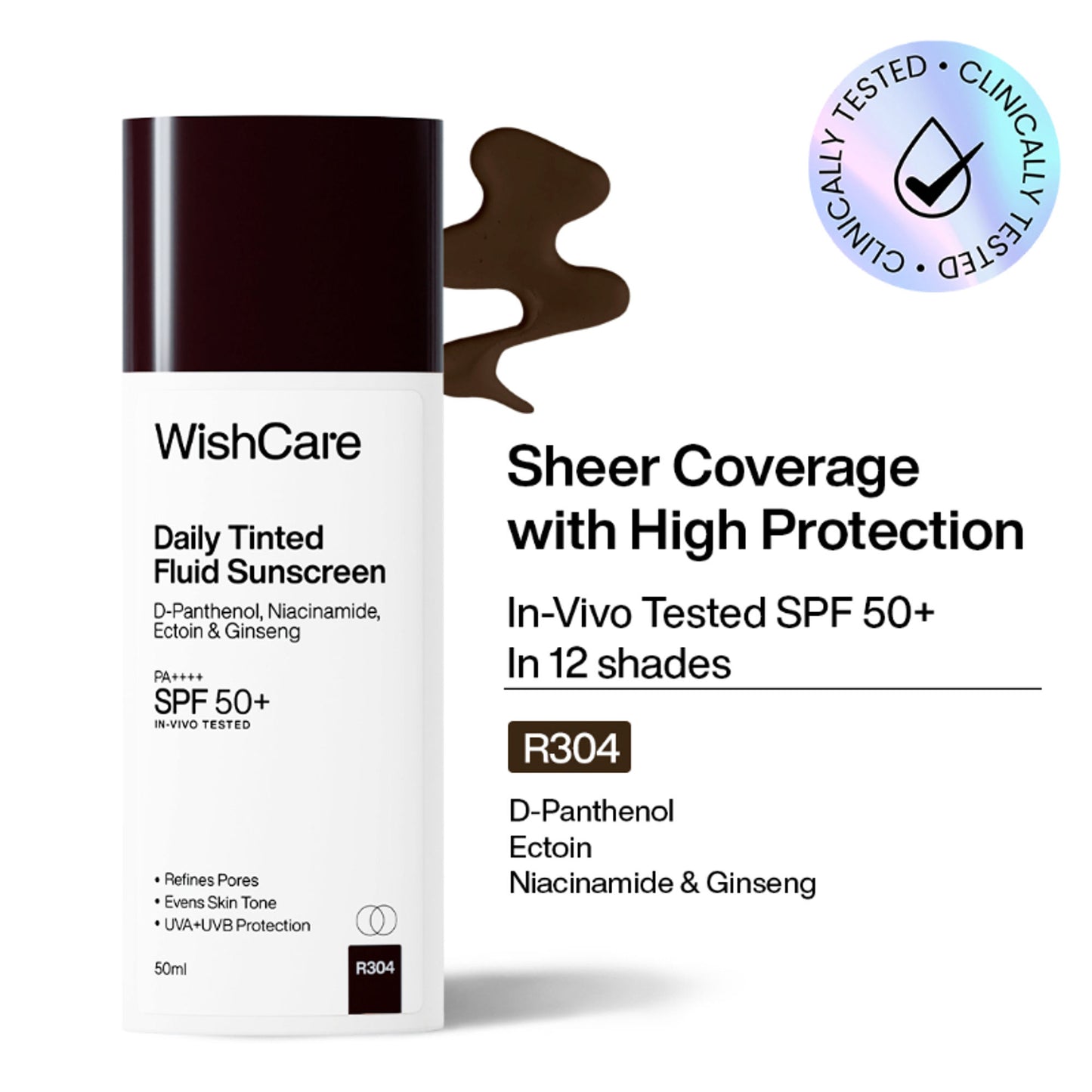 WishCare Daily Fluid Tinted Sunscreen SPF50PA++++ Broad Spectrum Protection for All Skin Types- L101 - R304
