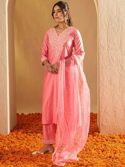 Indyancart IE Floral Yoke Design Straight Sequinned Liva Kurta with Trousers & Dupatta