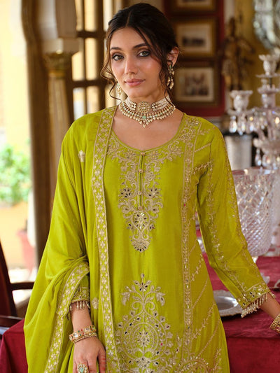 Indyancart IE Floral Embroidered Zari Kurta With Palazzos & Dupatta