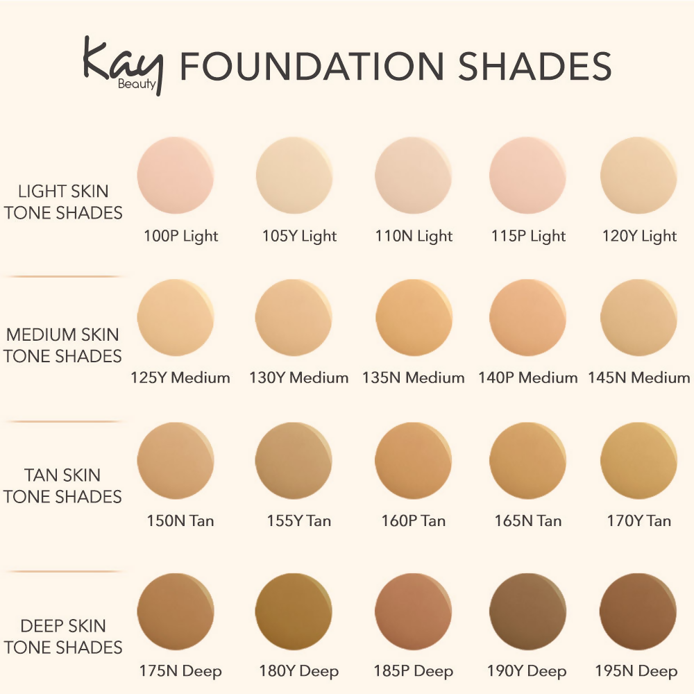 Kay Beauty Hydrating Foundation in shade 145N Medium, showing smooth liquid foundation with a pump dispenser and neutral tone.