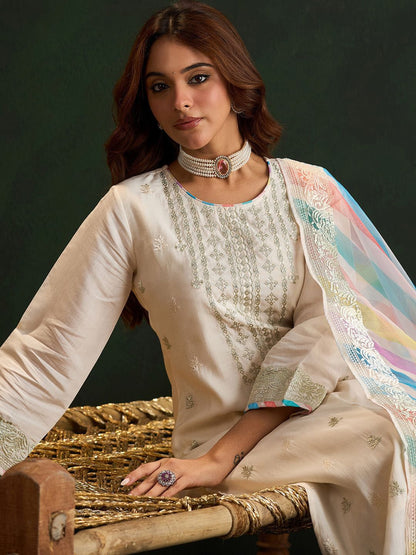 Cream Coloured Floral Embroidered Pure Cotton Kurta with Trousers & Dupatta