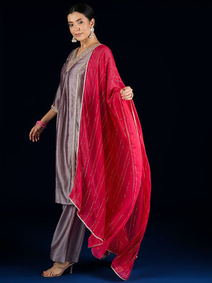 Indyancart VA Floral Yoke Design A-Line Kurta With Palazzos & Dupatta