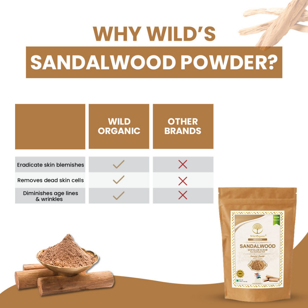 Wild Organic sandalwood powder face and body pack in a bowl, natural skincare product for skin brightening and rejuvenation.