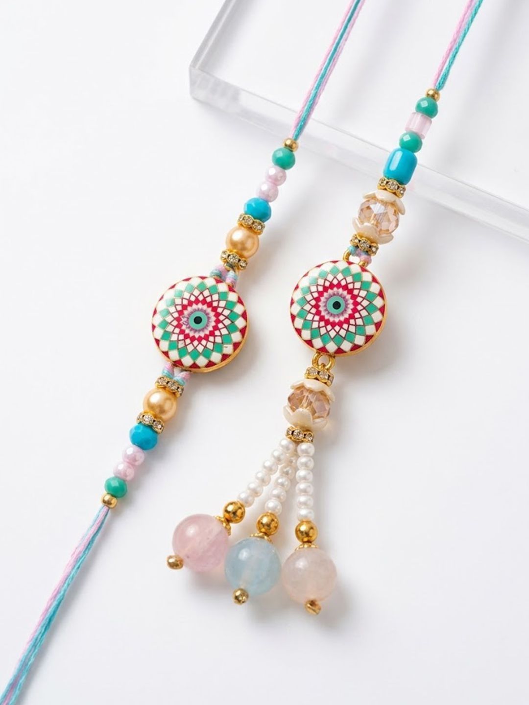 Anouk Set Of 2 Floral Design Bhaiya Bhabhi Rakhi With Roli Chawal Chandan Mishri