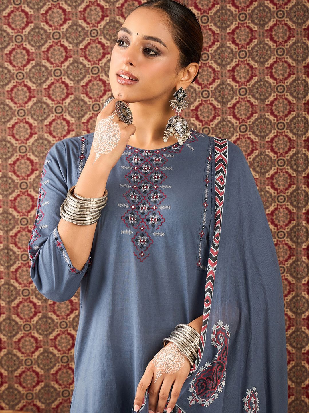 Women Pure Cotton Straight Kurta Trousers With Dupatta set