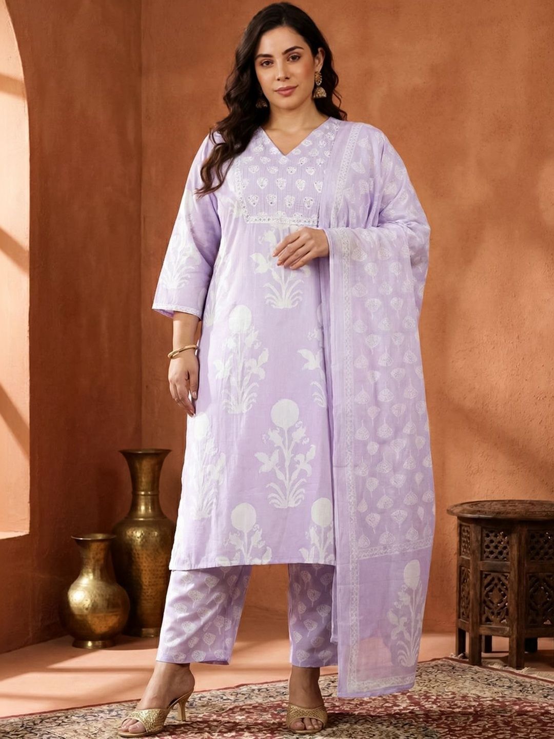 Indyancart Women's Floral Printed Regular Pure Cotton Kurta with Trousers & With Dupatta