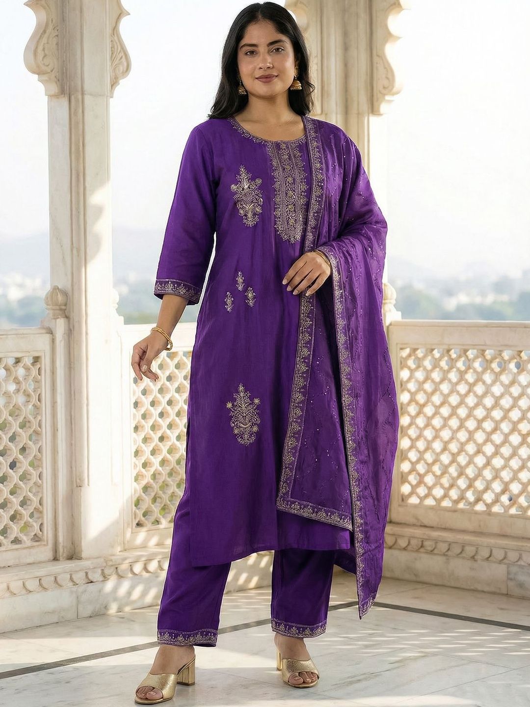 Indyancart Women's Ethnic Motifs Embroidered Regular Thread Work Kurta with Trousers & With Dupatta