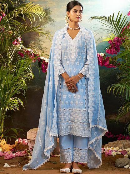 Women Ethnic Motifs Embroidered Regular Chikankari Pure Cotton Kurta with Palazzos & With Dupatta