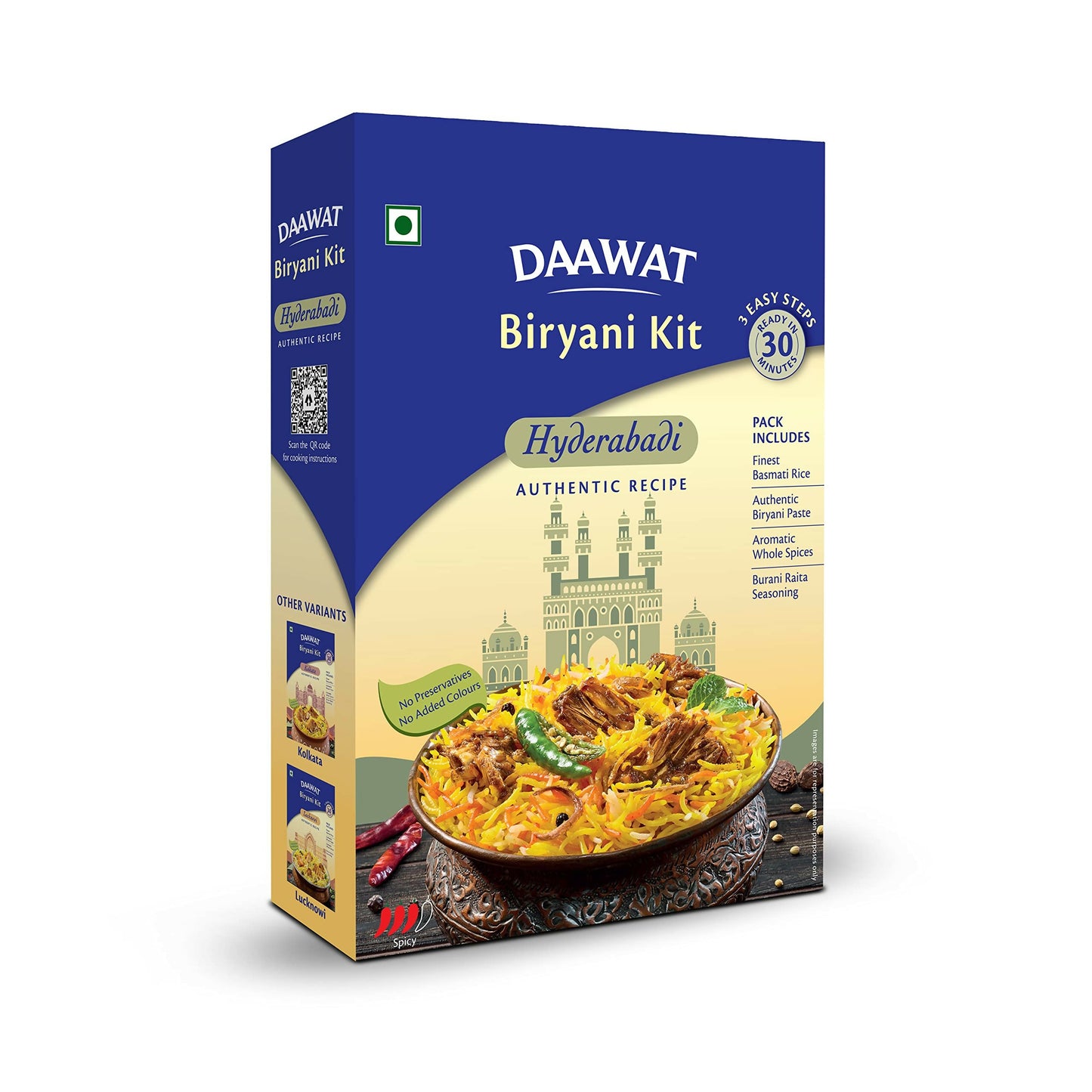 Daawat Hyderabadi Biryani Kit with authentic Biryani Masala and spices for flavorful Hyderabadi biryani preparation.