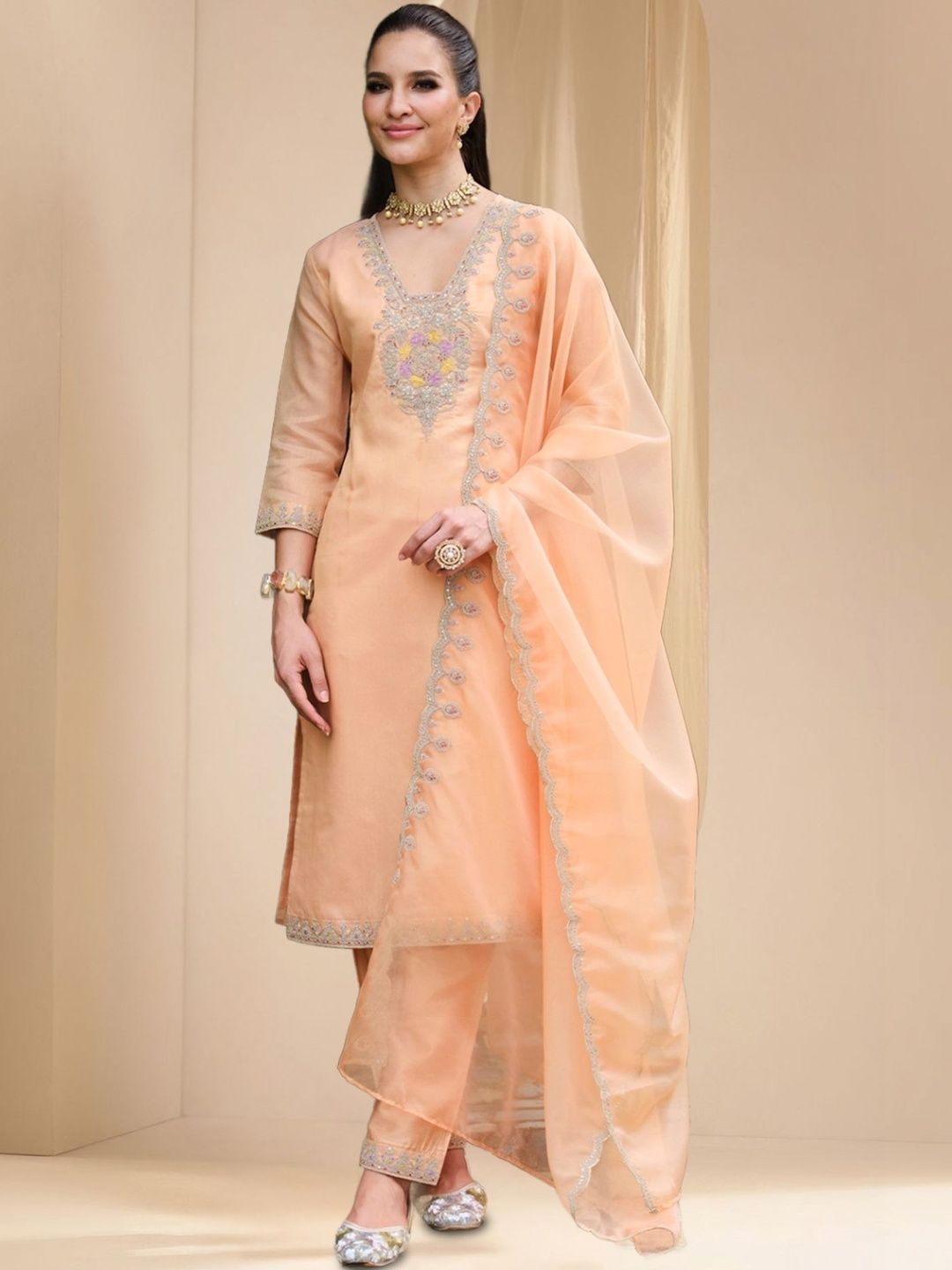 Women Ethnic Motifs Embroidered Regular Thread Work Kurta with Trousers & With Dupatta