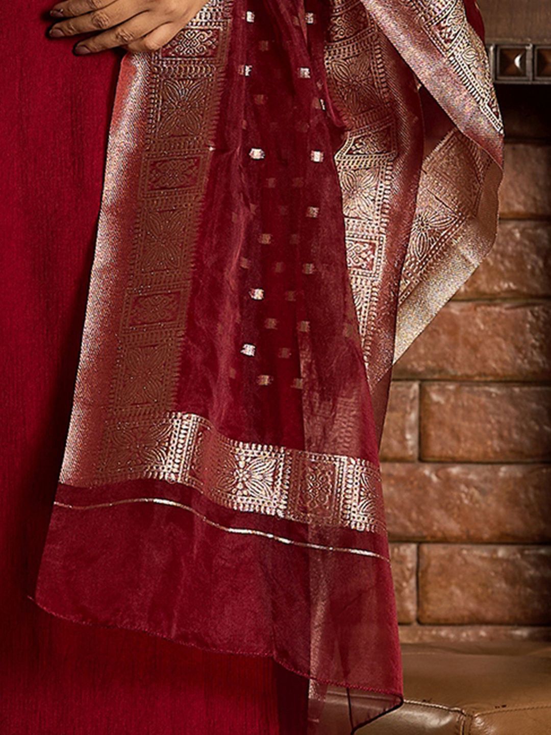 Indyancart IE Ethnic Motifs Zari Embroidered Liva Kurta with Trouser & Dupatta