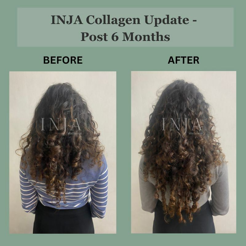Inja Beauty Collagen skin supplement with biotin, vitamin C, glutathione, and orange flavor, showing the supplement bottle and ingredients.