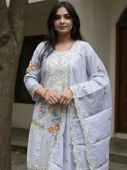Floral Embroidered Thread Work Pure Cotton Kurta With Trousers & Dupatta