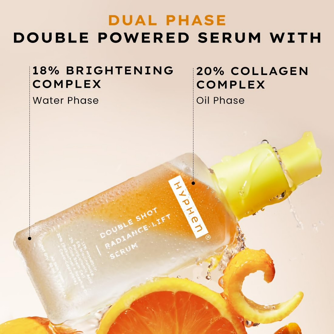 Hyphen Double Shot Face Serum with brightening and collagen, showing the sleek bottle and applicator for skincare.