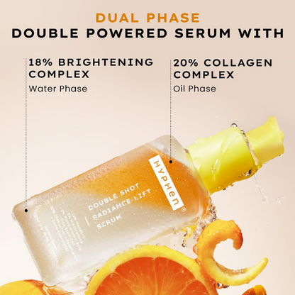 Hyphen Double Shot Face Serum with brightening and collagen, showing the sleek bottle and applicator for skincare.