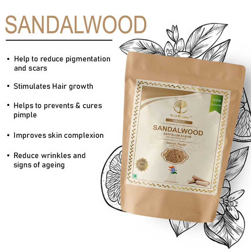 Wild Organic sandalwood powder face pack for skin and body, shown in a natural, earthy container with sandalwood powder inside.