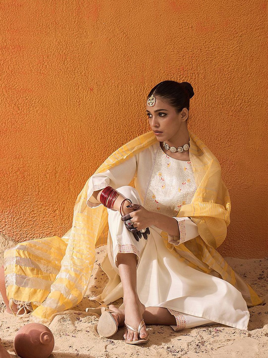 Indyancart IE Floral Yoke Design Zari Pure Cotton Straight Kurta With Trousers & Dupatta