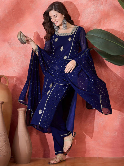 Indyancart SN Women's Zari Sequence Thread Embroidered Straight Kurta With Trousers & Dupatta