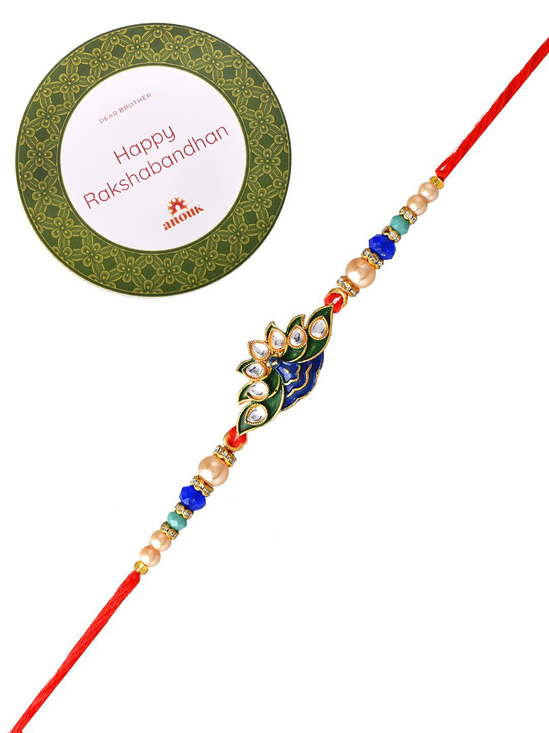 Anouk Blue Peacock Enamled Beaded Rakhi With Roli Chawal & Greeting Card
