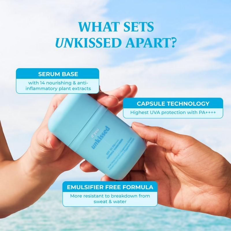 d'you Unkissed Serum Sunscreen SPF 50 PA++++ bottle showing the product label and packaging.
