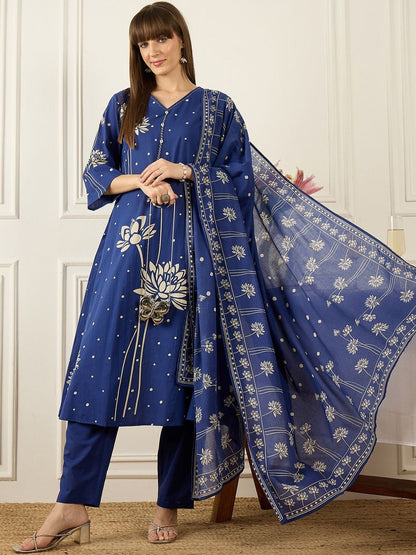 Women Floral Printed Regular Pure Cotton Kurta with Trousers & With Dupatta