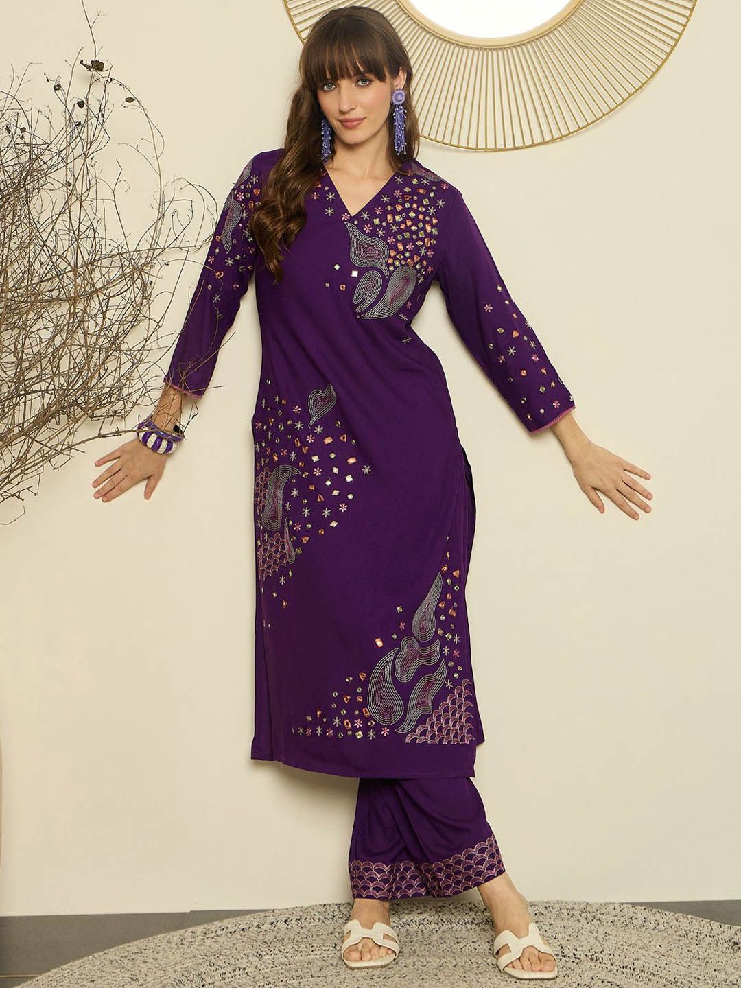 Women Ethnic Motifs Embroidered Regular Mirror Work Kurta with Palazzos