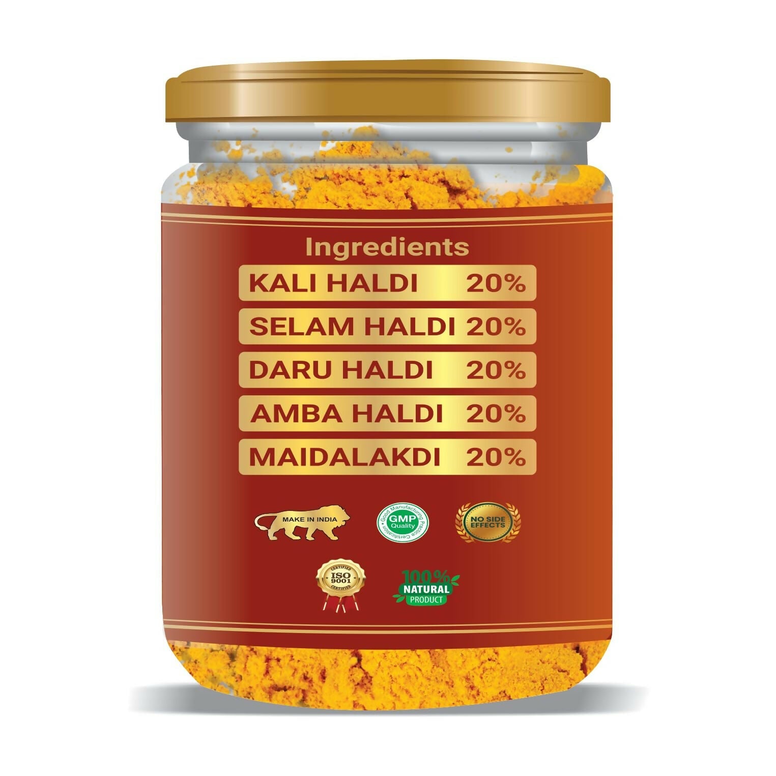Vaidban Pancham Haldi organic turmeric powder in a clear glass jar, showcasing vibrant yellow turmeric roots and powder.