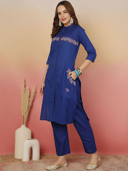 Indyancart SN Women's Embroidered Pure Cotton Straight Kurta With Trousers