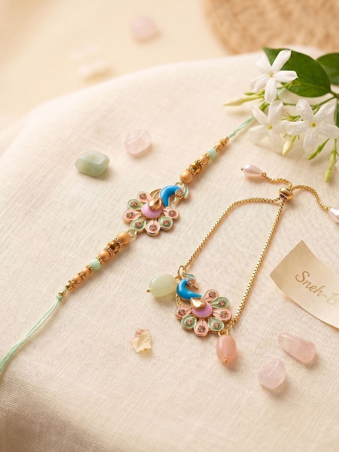 Anouk Set Of 2 Artificial Beads Multicolor Handmade Bhaiya Bhabhi Rakhi With Roli Chawal