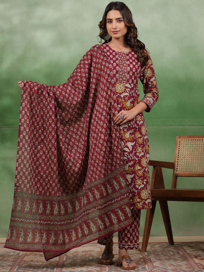 Indyancart SN Women's Maroon Floral Printed Round Neck Pure Cotton Kurta With Trousers & Dupatta