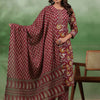 Dhiyona SN Women's Maroon Floral Printed Round Neck Pure Cotton Kurta With Trousers & Dupatta