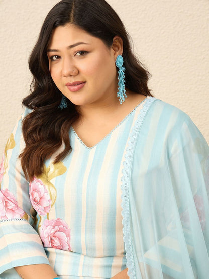 Indyancart Women's Floral Printed Regular Pure Cotton Kurta with Trousers & With Dupatta